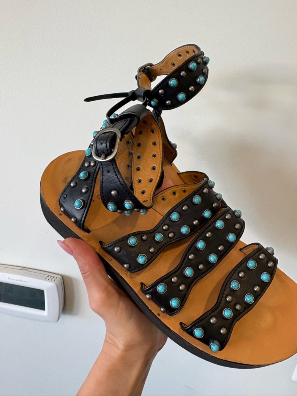 Sandro brown Leather Studded Ankle-Strap Sandals with Turquoise Accents eu 37 - Picture 6 of 6